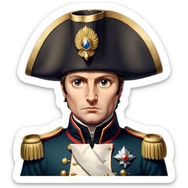 Cinematic Realistic Napoleon Bonaparte Portrait Emoji, depicted as a commanding military leader with a determined gaze and iconic bicorne hat, rendered with dramatic textures and bold historical lighting that captures his imperial legacy. sticker