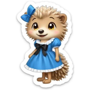 Hedgehog wearing a blue maid dress with a black bow sticker