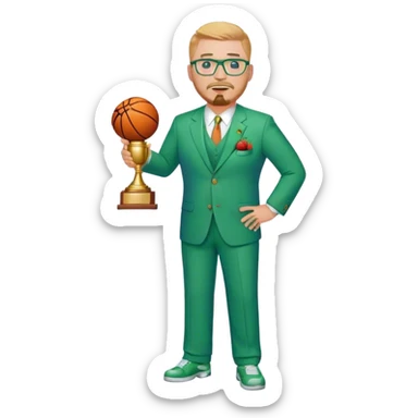Full Body white fat male  wearing glasses with a goatee with strawberry blond very short hair basketball head Coach in blue and green suit holding trophy sticker