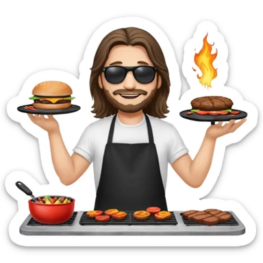 long hair man grilling wearing shade smiling in a white tshirt and a black apron grilling burger and meat on a sizzling grill sticker