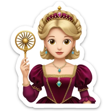 An emoji portrait of a Renaissance Italian princess. She wears a sumptuous velvet gown with a square neckline and puffed sleeves. Her hair is styled with a jeweled ferronnière, and her expression is poised and intelligent. She is holding a small, delicate fan. sticker