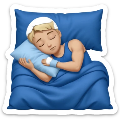 A young muscular male with short dark-blonde hair and medium-light skin, wearing blue cloth. He sleeps on his side, holding a soft white pillow, his head on a smooth blue pillow. A sleeping symbol floats above him in the dark, nighttime scene. A flowing blue blanket with silky folds covers him. sticker