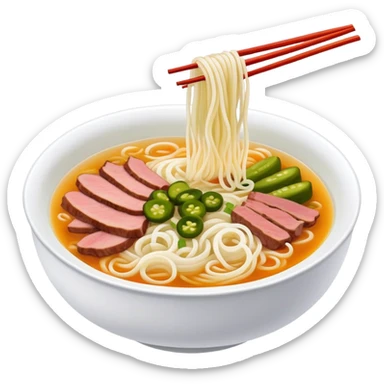 Guilin rice noodles with pickles and meat in soup, simplified emoji style with bold outlines and bright colors, cartoon style Guangxi specialty Mi Fen sticker