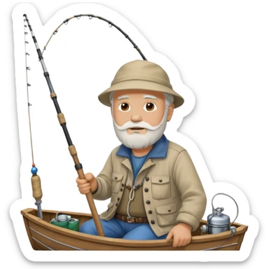 an old white haired, bearded man in fisherman attire, sat in a big boat on a calm sea, holding one fishing rod in one hand, with the end of the fishing line touching the water sticker