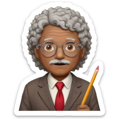 old man teacher, brown skin, curly grey white hai, wearing glasses, brown suit, red tie hold chalk on hand sticker