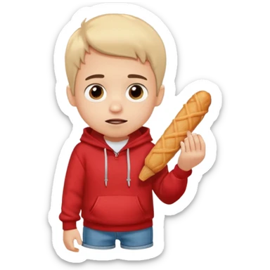 ute funny Spanish cartoon boy named Peque Tito, red hoodie, denim shorts, big expressive eyes, holding a churro, Pixar-style, viral character.” sticker