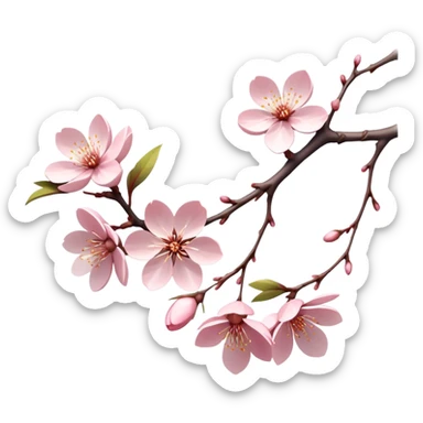 Cinematic Realistic Sakura Flowers on a Branch, depicted as delicate, soft pink blossoms gracefully adorning a slender, gently twisted branch, illuminated by subtle, warm natural light that accentuates their ethereal beauty and transient charm, poetic spring scene sticker