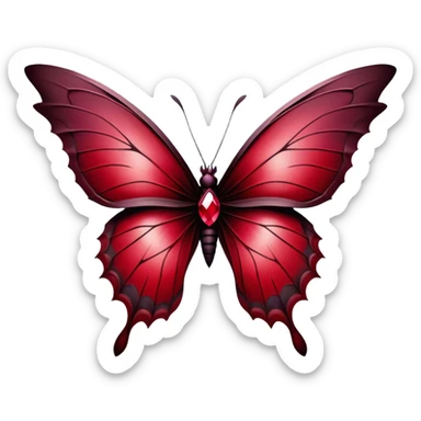 A breathtaking Gothic butterfly with wings adorned in a mesmerizing gradient of ruby, scarlet, burgundy, Venetian, and rustic red takes flight in the foreground. Behind it, dark and weathered crosses stand shrouded in crimson mist, creating a haunting yet beautiful contrast. sticker