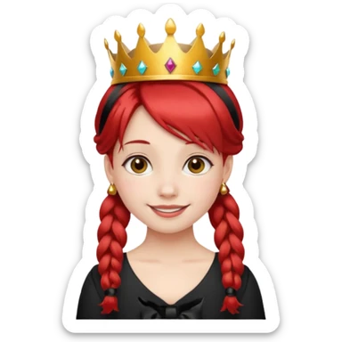 A red pigtail hair girl with a crown smiling gently and black bow on her hair sticker