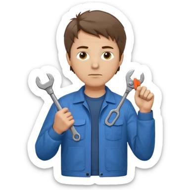 Calm and independent male technician, Caucasian features, short tousled brown hair, serious but composed expression, wearing a blue work jacket over a grey t-shirt, holding a wrench in one hand and a mechanical gear in the other, waist-up, front-facing sticker