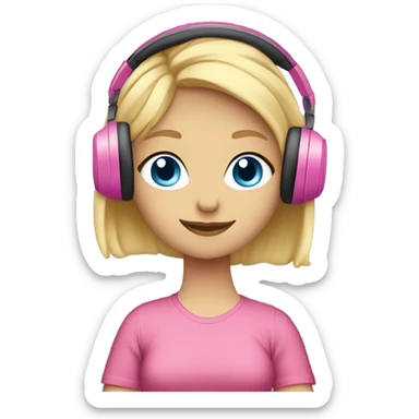 blonde hair blue eyed girl pink headphones and computer sticker