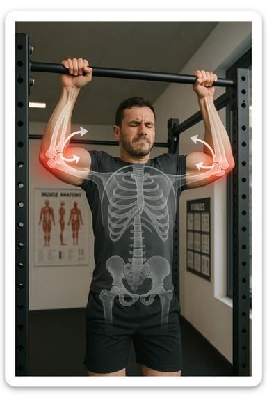 a man in gym clothes esegue una trazione alla sbarra con una tecnica visibilmente scorretta—gomiti troppo larghi o polsi piegati in modo innaturale. I gomiti sono evidenziati con un alone rosso acceso per indicare dolore o infiammazione. Un diagramma trasparente mostra le forze errate applicate sull’articolazione. La scena è ambientata in una palestra moderna, con poster educativi sullo sfondo. sticker