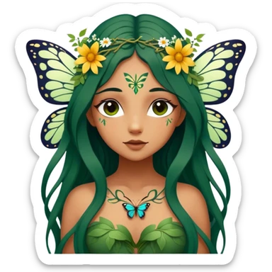 Cinematic Realistic Forest Fairy Portrait, depicted with lifelike, sun-kissed tanned skin that radiates an earthy glow, softly illuminated by natural, dappled light. Her long, flowing dark green hair is intricately detailed and interwoven with delicate vines and wildflowers, while her deep, soulful eyes mirror the wisdom of the forest. Dressed in an attire inspired by nature’s palette—with subtle botanical motifs—the portrait exudes a soft, enchanted glow that melds realism with woodland magic showing her large butterfly wings from her back. sticker
