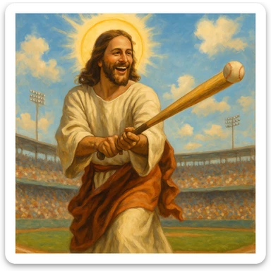 Jesus with a halo hitting a baseball, classic biblical look, joyful expression, stadium crowd in the distance sticker