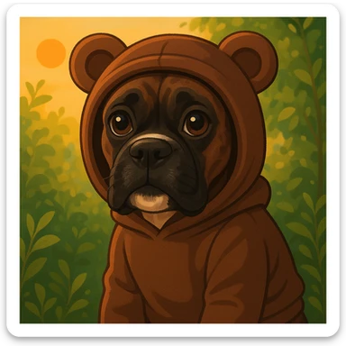 Este bóxer atigrado sentado, mirada tierna, usando un buzo con capucha de orejas de osito color marrón chocolate, iluminación golden hour, entorno natural con follaje en estilo emoji de iOS 18.1 sticker