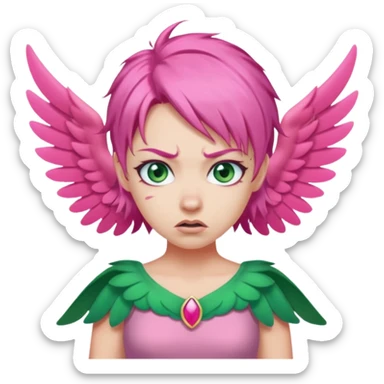 Blue eyed pink hair, pink wing fairy in green dress: anger sticker