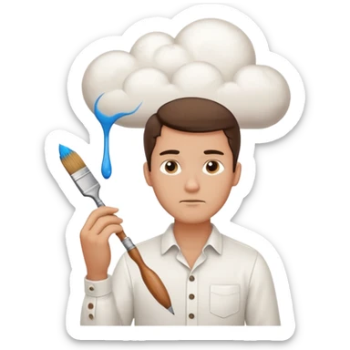 a man in a white buttoned shirt with a thinking cloud picturing a brush sticker