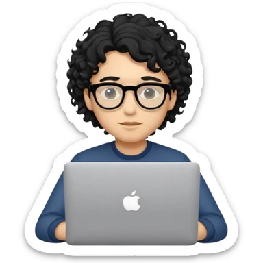 guy with wavy kinda curly black hair and skin cream and glasses, with a macbook sticker