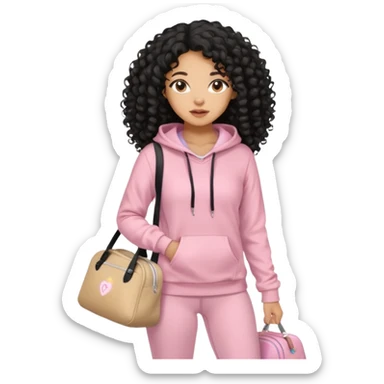 Mixed-race athletic woman with caramel skin, and long black curly hair wearing baby pink hoodie and leggings, carrying a beige gym bag sticker