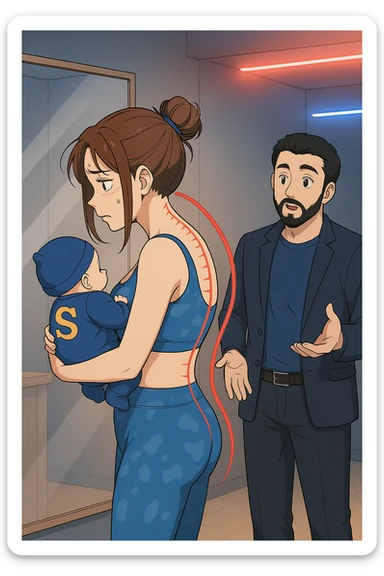 ispirati a questo stile di disegno e fai questa immagine in versione manga/webtoon a colori, il manga mostra la donna che si guarda alla specchio preoccupata di profilo con la postura sbagliata e incurvata, spalle chiuse e curve in avanti, con un neonato in braccio con una tutina azzurra e la scritta "S" blu sulla schiena, spina dorsale storta della donna in evidenza mentre al suo fianco anche l'uomo guarda la donna riflessa nello specchio e le spiega una cosa, ma non fare i fumetti, fai come se stessero parlando sticker