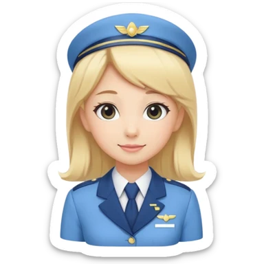 Cute emoji-style Japanese flight attendant, blonde hair long, pastel blue airline uniform, kawaii cartoon style, big eyes, simple clean lineart, pastel colors, chibi proportions, friendly smile, sticker/emoji, transparent background sticker