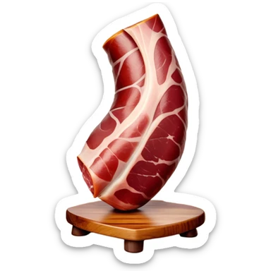 ​Cinematic Realistic Spanish Jamón Leg, depicted as a massive, cured leg of Jamón serrano (ham) with a deep reddish-brown hue, intricately marbled and slightly glossy with age, elegantly displayed on a rustic wooden stand and bathed in warm, soft lighting that accentuates its artisanal heritage, sticker