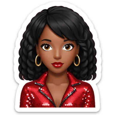 Kelly Rowland from Destiny's Child with jet black hair, red sequin outfit sticker