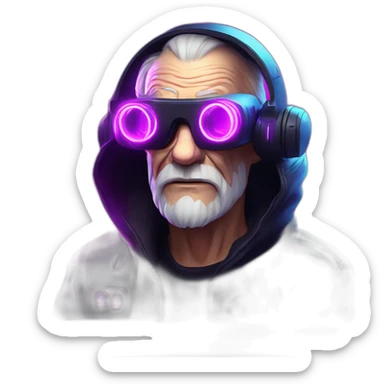 Russian old man wearing a black hoodie with "OMG" letters on it and VR headset in a cyberpunk VR environment with violet neon lighting. sticker