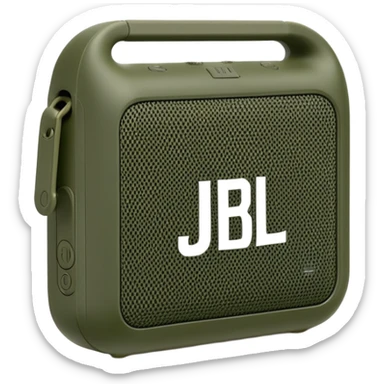 Simple JBL Go Clip 4 portable speaker, military green color, minimal design, iOS emoji style sticker