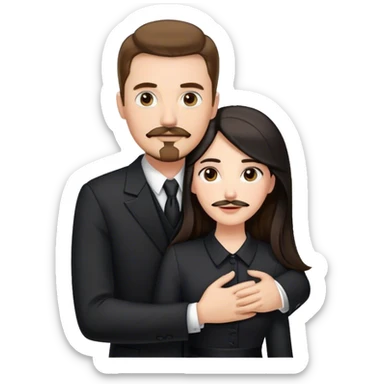 tall white man with brown hair goatee mustache hugging a pale woman with long black hair, wearing formal clothing sticker