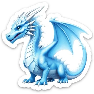 Cinematic Noble wise elegant Ice Dragon full body  Emoji, Poised and imposing, distinct long elegant snout, with a slender, scaled body shimmering in glacial hues of icy blue, frostbitten silver, and crystalline white, breathing out frost, with piercing, glowing ice blue white eyes that radiate the chilling depths of an arctic storm; rendered in detail. excuding wisdom sticker