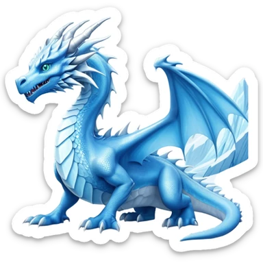 Cinematic Noble wise elegant Ice Dragon full body  Emoji, Poised and imposing, distinct long elegant snout, with a slender, scaled body shimmering in glacial hues of icy blue, frostbitten silver, and crystalline white, breathing out frost, with piercing, glowing ice blue white eyes that radiate the chilling depths of an arctic storm; rendered in detail. excuding wisdom sticker