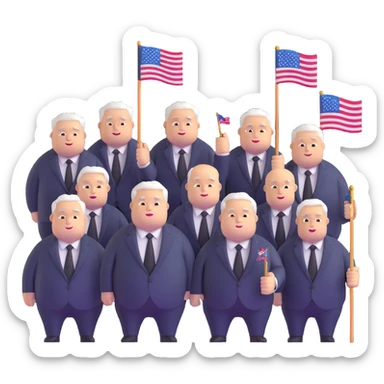 group of fat politicians together wearing suits with flag pins sticker