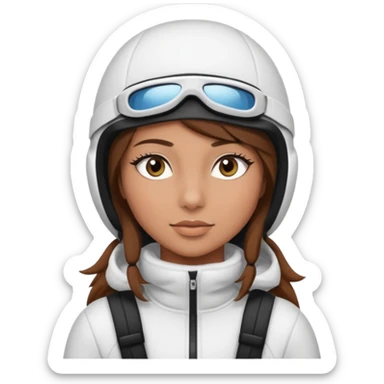 girl with brown hair and eyes and tan skin pretty long eyelashes skiing white iutfit white ski mask sticker