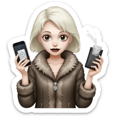 she is wearing a fur coat and has a transparent tiny, small  plastic bag full of white powder, and her phone in the other hand, she has lost so much weight, she looks evil , she has an evil grin sticker