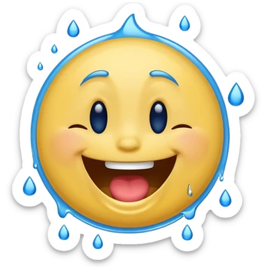 Emoji, yellow round laughing hysterically face, with blue tears of joy on it.  sticker