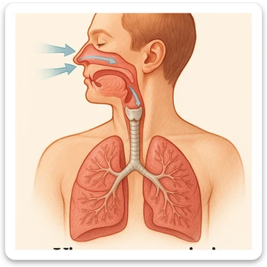 illustration focusing on upper airways: nose, pharynx, larynx, trachea, lungs, air movement, caption in Italian sticker