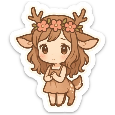 chibi stickers style deer girl with antlers and a flower crown, gentle and shy sticker