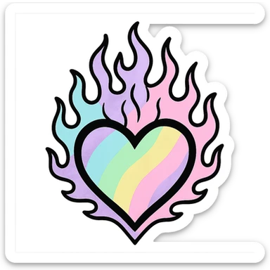 pastel goth heart with pastel flames and black outline, pastel rainbow and black, whimsical gothic style sticker