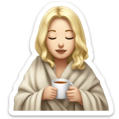 White Girl with blonde hair sipping tea with eyes closed and blanket around head sticker