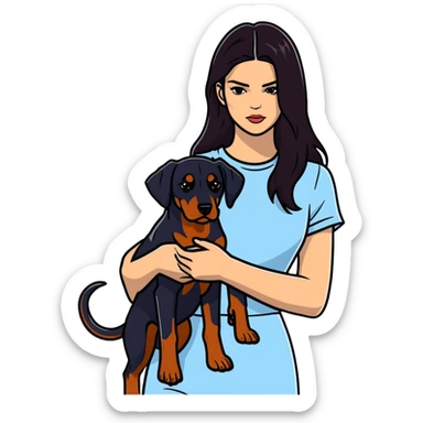 Kendall Jenner with long dark hair holds a Doberman Pinscher in her arms sticker