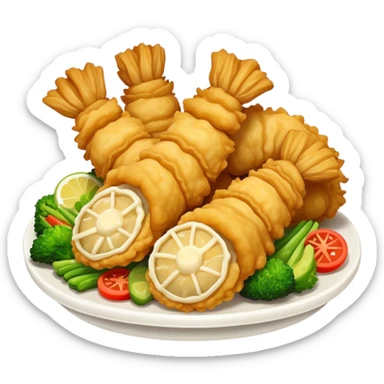 Tempura Cinematic Realistic Tempura Dish Emoji, depicted as extra crispy, lightly battered seafood and vegetables, rendered with vivid textures and dynamic, bright lighting. sticker