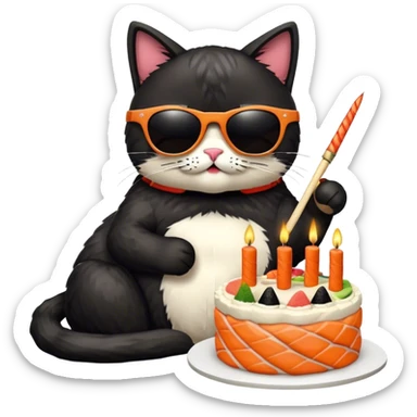 cool cat wearing sunglasses eating a birthday cake made out of sushi sticker