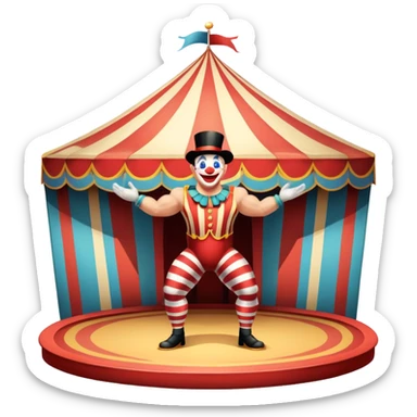 Icon for Circus Arts: a vibrant round circus arena with a strongman in a striped costume,  juggler and a clown performing. The icon should convey the excitement and fun of circus performances, with focus on the performers and the colorful setting. Transparent background. sticker