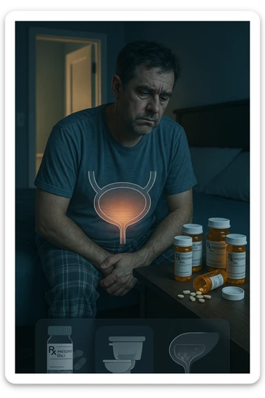 A middle-aged man sits on the edge of his bed in a dimly lit bedroom, looking exhausted and frustrated. On the nightstand beside him are several prescription pill bottles, loosely organized, some open — suggesting long-term medication use. In the background, the bathroom door glows softly, partially open, with a faint reflection of the toilet visible, indicating frequent nighttime trips. The man wears a loose T-shirt and pajama pants, his posture slightly curved as he gently touches his lower abdomen, symbolizing bladder discomfort. His eyes have dark circles, his expression is drained. The color palette is muted blues and greys, with a cinematic soft focus and ambient light highlighting emotional fatigue. A subtle overlay of pill labels and bladder imagery could be added for educational use. sticker