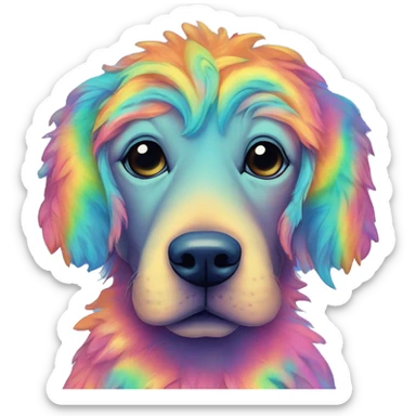 Multicolored rainbow retro groovy tie dye hippie trippy floral patterns on a metallic holographic iridescent blue dog face head unicorn sticker