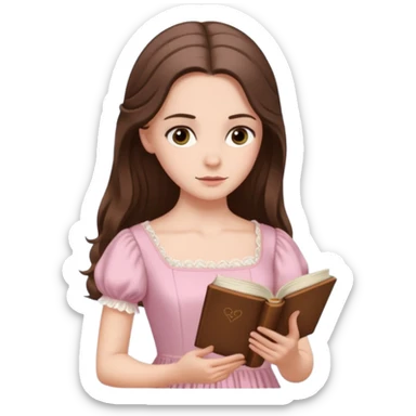  white long brunette hair girl with hazel eyes in light pink reading Pride and Prejudice sticker