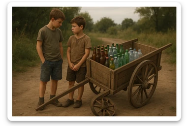 Bir g'ildiragi singan ichimliklar ortilgan arava uning yonida aka uka bir biriga havotirli nigoh bilan qarab turibdi realistik uslubda yuzi ko'rinmasin sticker