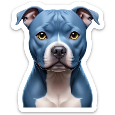 Cinematic Noble Blue Staffordshire Bull Terrier Portrait Emoji, Poised and regal, with a compact, muscular build and a sleek, well-groomed blue Fur, deep-set soulful dark eyes, Simplified yet sharp and sophisticated features, highly detailed, glowing with a soft, dignified glow, high shine, intelligent and loyal, stylized with an air of strength, focused and attentive, soft glowing outline, capturing the essence of a watchful and confident guardian, so majestic it feels as though it could stride out of the screen with effortless authority! sticker