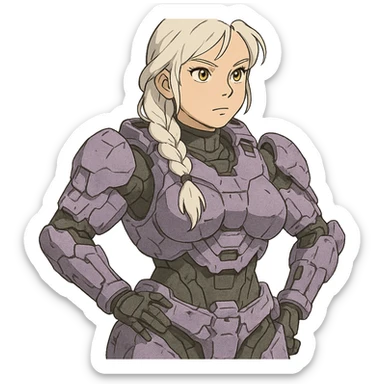 female, wearing reach spartan armor default, long white braid hair, gold yellow eyes, attention pose, halo series, no helmet, the armor is lavender color scheme, shoulder pad off. DDD bust size fitting. Punk gothic cyberpunk sticker